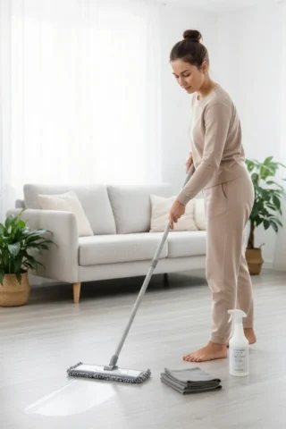 A woman demonstrates the proper, gentle technique for mopping laminate floors using a microfiber mop and laminate-safe cleaner, ensuring a clean and protected surface.