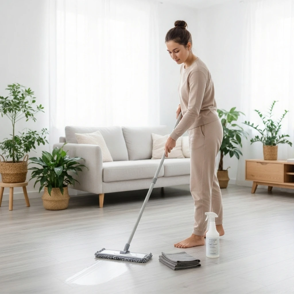 A woman demonstrates the proper, gentle technique for mopping laminate floors using a microfiber mop and laminate-safe cleaner, ensuring a clean and protected surface.