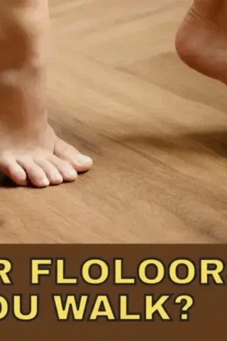 A pair of bare feet walking on a light-colored wood floor. The image includes a text overlay at the bottom that reads, "DO WOODEN FLOORS CREAK MORE IN WINTER?" in yellow capital letters against a brown background.