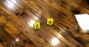 A top-down, close-up view of rustic, wide-plank wood flooring. The wood features a prominent, dark grain pattern with a reddish-brown finish. The surface shows visible scuffs, scratches, and signs of wear.