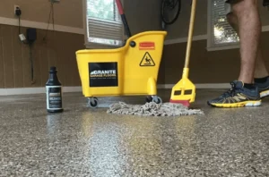 A yellow mop bucket, cleaning solution, and mop being used on a flecked granite-style epoxy garage floor.
