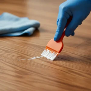 A close-up, high-angle shot of a hand using an orange plastic putty knife to gently peel a dried white paint splatter off a polished oak hardwood floor. In the background, a soft microfiber cloth and a small bowl of soapy water are visible on the floor, lit by natural window light.