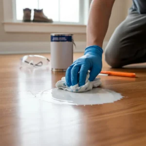 A person wearing blue nitrile gloves uses a soft white rag to rub a stubborn paint stain on a wood floor. A clear bottle labeled "Rubbing Alcohol" and a small tin of mineral spirits sit nearby. The image shows the paint softening and transferring onto the rag.
